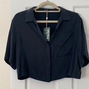 Quince Cropped 100% Silk Button Down - Navy - NWT
